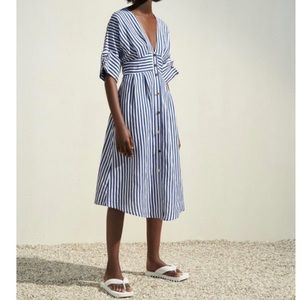 NWT ZARA LINEN BLEND STRIPED MIDI BELTED DRESS BLUE / WHITE ,SIZE S